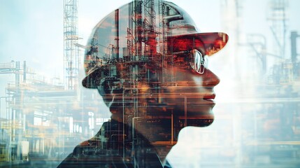A woman in an orange safety hat is looking out over a city. The image is a collage of the woman's face and the city skyline. Scene is one of determination and focus