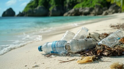 Plastic waste, including bottles and discarded items, covers a tropical beach, highlighting the environmental impact in an exotic setting with clear blue waters and lush foliage