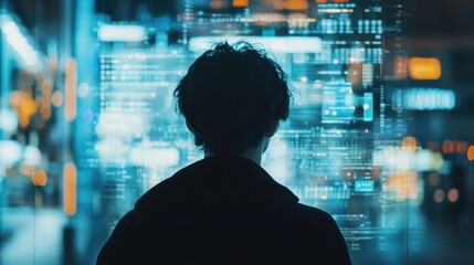 Silhouette of a Person in a Futuristic City Landscape