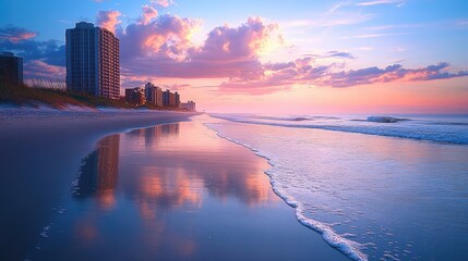 Fototapeta premium A peaceful morning at Myrtle Beach, with the soft glow of sunrise casting a warm light on the sand and water.