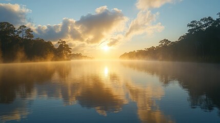 Fototapeta premium A peaceful morning on a Florida lake, with mist rising from the water and the sun just beginning to light up the landscape.