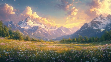 Fototapeta premium A peaceful mountain meadow at sunset, with the distant peaks bathed in a soft, golden light and the sky ablaze with color.