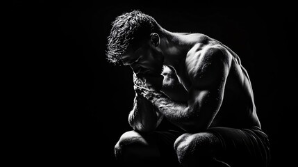 Fototapeta premium A solitary male figure in black and white, expressing deep emotion and contemplation through an intense pose and lighting.