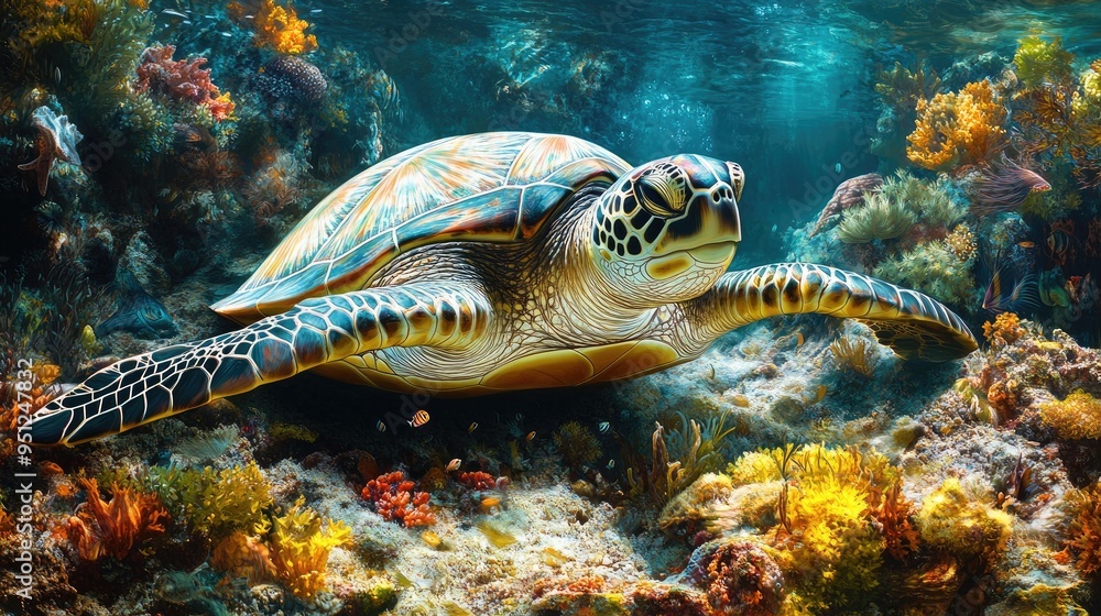 Poster a peaceful underwater scene with a sea turtle resting on the ocean floor, surrounded by a diverse ar