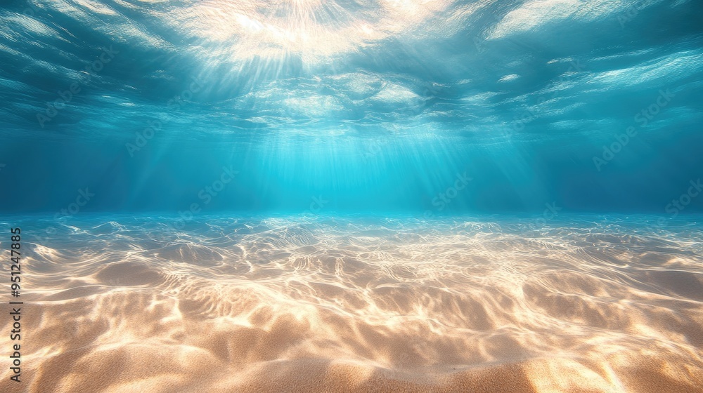 Poster a peaceful underwater scene with gentle waves above and the sandy ocean floor below, creating a sere