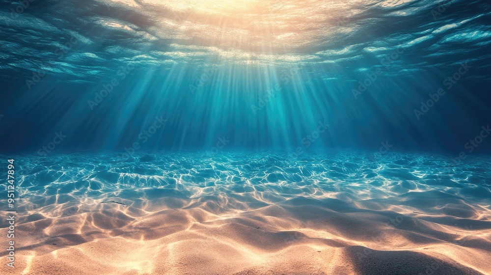 Poster a peaceful underwater scene with gentle waves above and the sandy ocean floor below, creating a sere