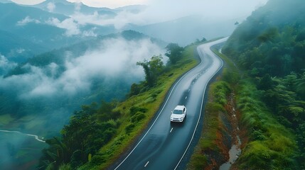 Fototapeta premium White Car Driving on Winding Mountain Road Through Misty Forest Landscape in Thailand