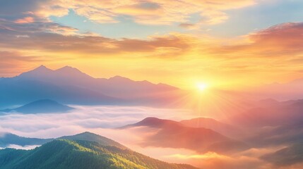 Serene Sunrise: Fog-Kissed Mountain Range in Soft Light