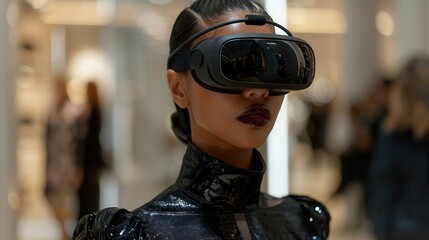 Naklejka premium Fashionable woman wearing virtual reality headset, showcasing a blend of technology and style in a modern setting.