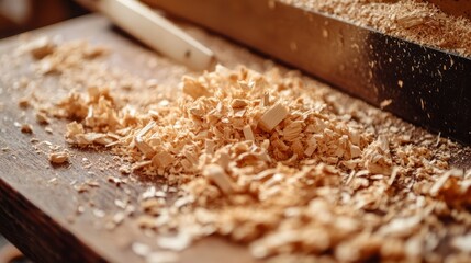 Detailed view of wood shavings and sawdust from an electric hand planer, highlighting the texture and light brown color of the wood around the wooden molder