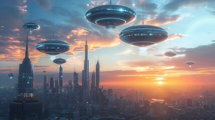 Futuristic cityscape at sunset with hovering spacecraft and skyscrapers, showcasing advanced technology and vibrant colors.