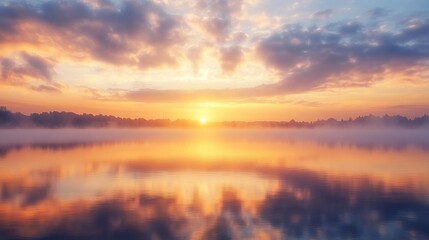 Obraz premium Serene Sunrise: Misty Lake Reflections at Dawn