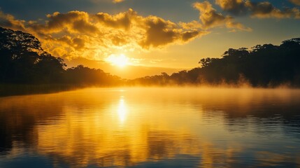 Serene Sunrise: Fog Lifting over Tranquil River