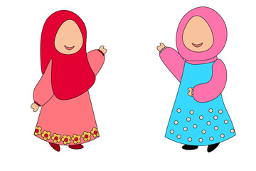 Vector of two Muslim children greeting each other. suitable for children's book illustrations.