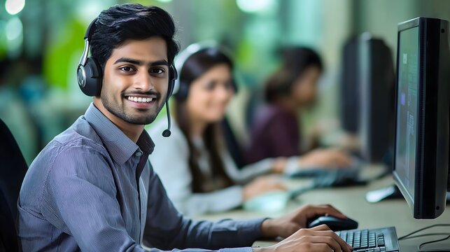 A professional image of a young Indian man working at a call center, smiling while wearing a headset, set in a modern office environment,