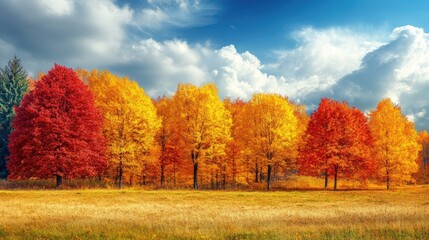 A picturesque autumn landscape with trees in full color, their leaves ranging from golden yellows to deep reds, creating a vibrant and serene scene.