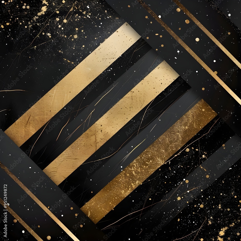 Poster a close-up abstract view of black and gold diagonal stripes, accented with a subtle sprinkle of glit