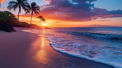 A picturesque beach with palm trees lining the shore, the sunset painting the sky with rich oranges and pinks.