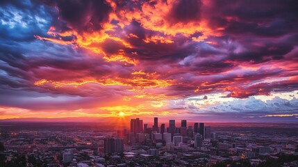 Obraz premium Fiery Sunset Paints Dramatic City Skyline with Vibrant Hues