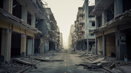 Street with Heavily Damaged Buildings, Debris Scattered Across the Ground, Broken Concrete and Structural Destruction, Post-Damage Urban Scene, Ruined Infrastructure