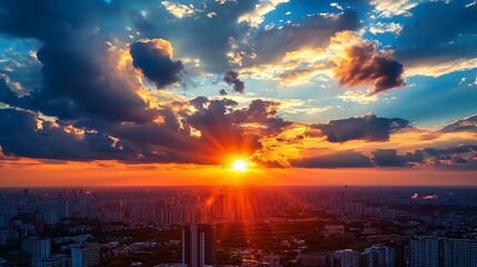 Obraz premium Stunning Sunset Cityscape: Vibrant Colors & Dramatic Clouds