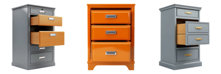 Metal file cabinets with drawers open and closed isolated on transparent background