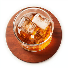 Whiskey on the Rocks in a Glass on a Wooden Coaster