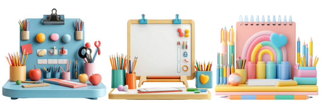 Creative office desk setups with colorful stationery isolated on transparent background - Powered by Adobe