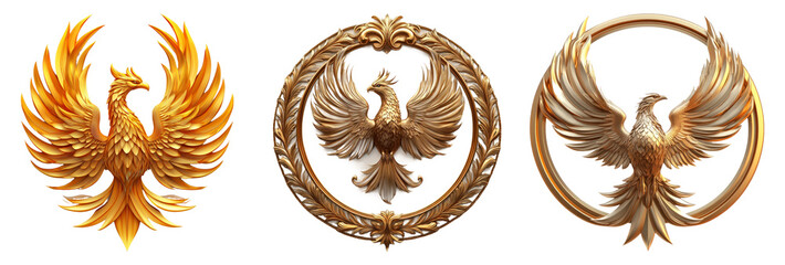 Golden phoenix emblems isolated on transparent background