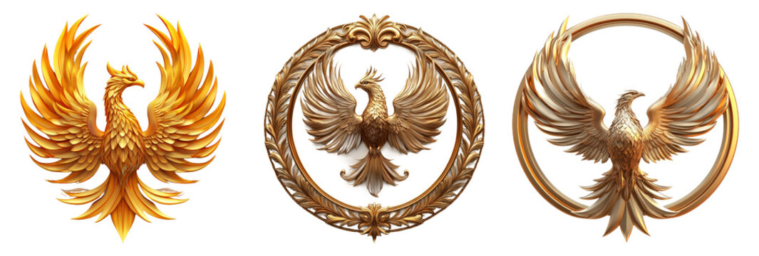 Golden phoenix emblems isolated on transparent background