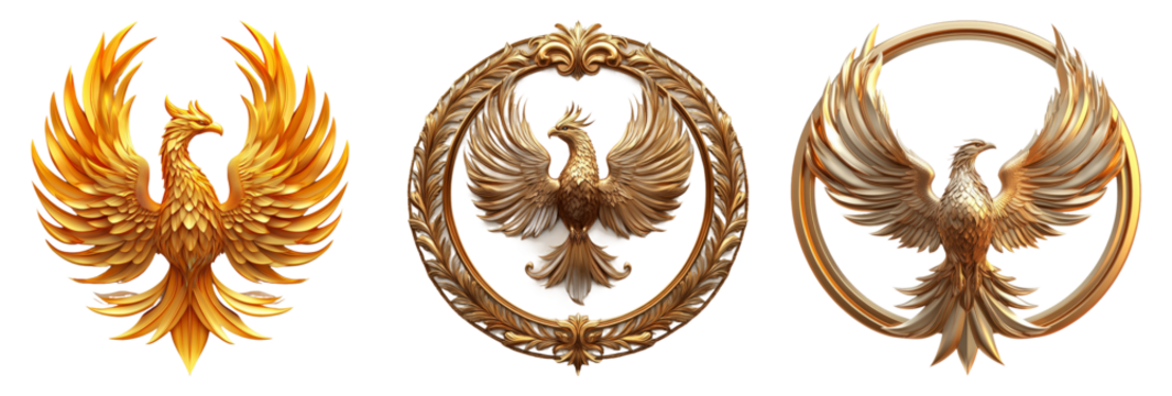 Golden phoenix emblems isolated on transparent background - Powered by Adobe