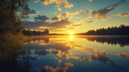 Obraz premium Serene Sunset Reflections: Lake at Golden Hour