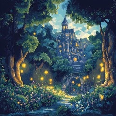 Enchanting Pixel Art Forest Scene with Glowing Fireflies and Mythical Castle