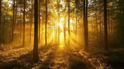 Obraz premium Golden Hour Tranquility: Sunset Bathes Forest in Warm Light