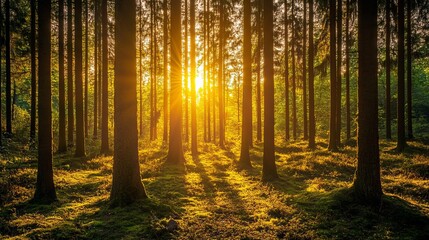 Obraz premium Golden Hour Serenity: Tranquil Forest Sunset with Sunlight Filtering Through Trees