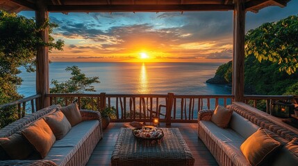 Fototapeta premium A picturesque sunset view from a vacation rental balcony, representing a serene and relaxing getaway. Plenty of room for messages.