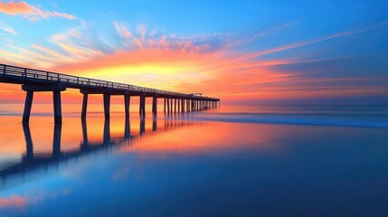 Fototapeta premium A pier extending into the ocean on a Florida beach at sunset, with the sky reflecting on the calm waters.