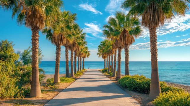 A picturesque view of palm trees lining a boardwalk, with the ocean stretching out in the distance.