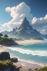 A serene beach scene with a majestic mountain backdrop and clear blue waters.