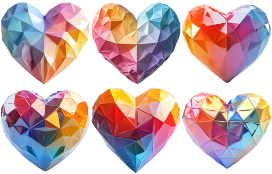 Colorful faceted heart shapes isolated on transparent background