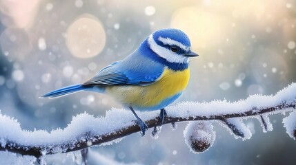 Obraz premium A vibrant blue tit, cyanistes caeruleus, rests on a frost-covered branch against a soft, blurred winter background, showcasing its striking blue and yellow plumage.