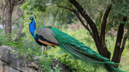 Obraz premium Beautiful Peacock with Vibrant Feathers Displayed in Full Splendor, Richly Colored Plumage, Elegant and Majestic Bird, Detailed Peacock Features, Exotic Bird with Stunning Colors
