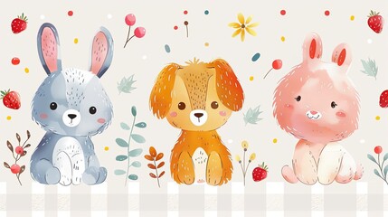 Naklejka premium Gingham seamless vector pattern with kawaii bunny rabbit and dog puppy poodle with summer berries. Tartan check for tablecloths, napkins, clothes, packaging. Cute childish background, pastel palette