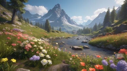 A serene landscape featuring mountains, a river, and vibrant flowers in a peaceful setting.