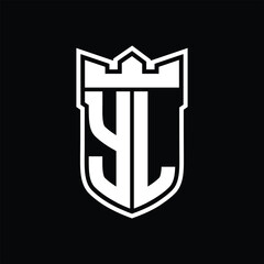YL Logo shield shape with geometric crown inside white outline on black background template design