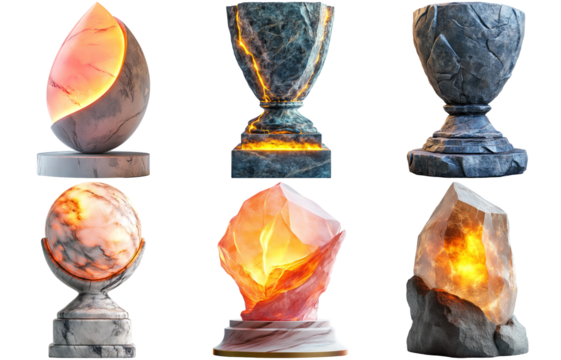 Salt lamps with glowing interiors isolated on transparent background