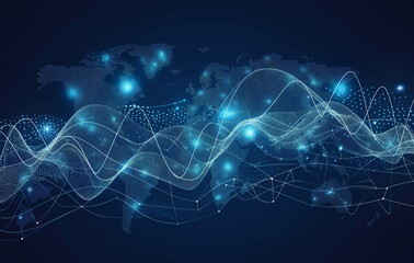 Abstract digital world map with glowing connections, representing global connectivity and data flow between countries for the internet of things.