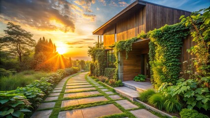 Obraz premium rustic morning sunrise casting warm light on modern minimalist wooden facade amidst lush greenery overgrown with vines near a meandering stone pathway