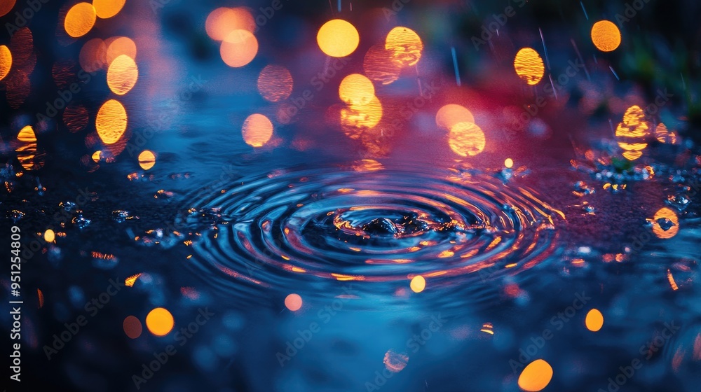 Poster a puddle with colorful reflections from nearby lights, surrounded by raindrops, offering a vibrant a