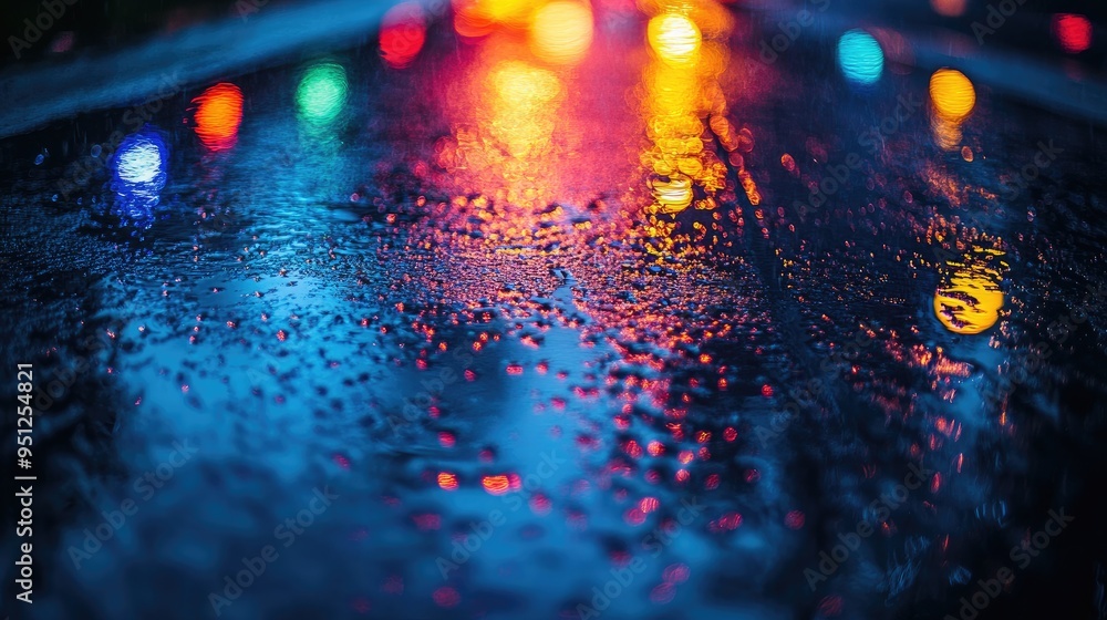 Poster a puddle with colorful reflections from nearby lights, surrounded by raindrops, offering a vibrant a
